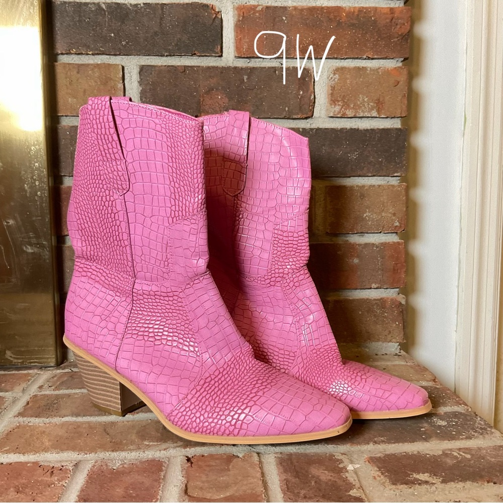 Pink Croc-Embossed Western Boots - Women's